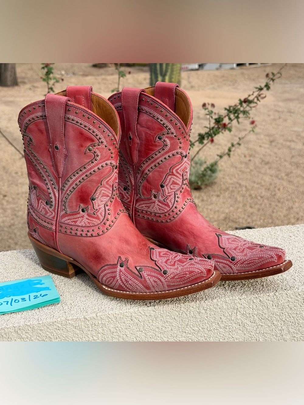 Lucchese Pink Studded Western Cowboy Cowgirl Boots Booties 6.5C Square Snip Toe